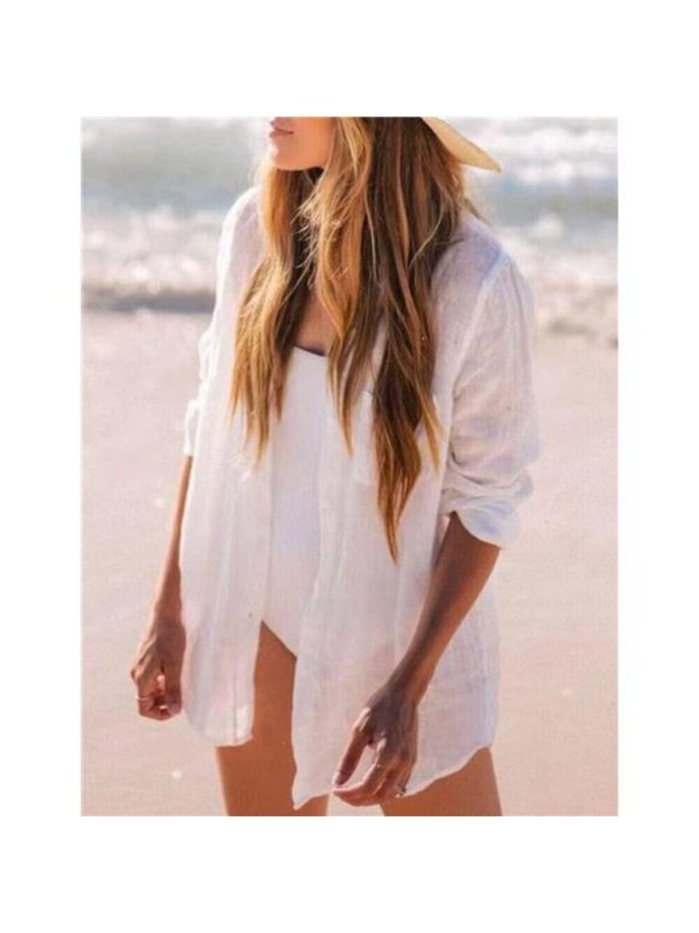 Women's Swimsuit Coverup Long Sleeve Linen Bikini Cover Up Shirt, White - Picture 2 of 6
